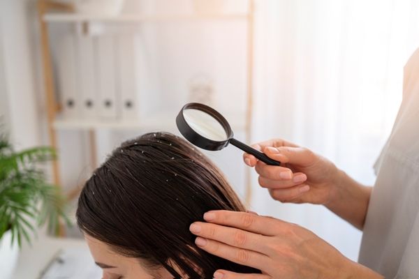mujer joven en la consulta del dermatólogo revisando su melena por un problema grave en su cuero cabelludo