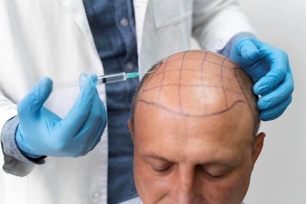 Dormir después del injerto de cabello - Cirujano capilar aplica tratamiento de mesoterapia antes de un trasplante de cabello