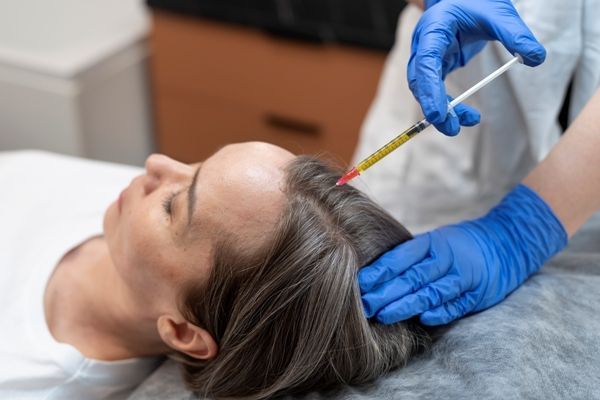 mujer recibiendo un tratamiento de PRP en la línea del cabello para mejorar el crecimiento y la salud de su cabello.