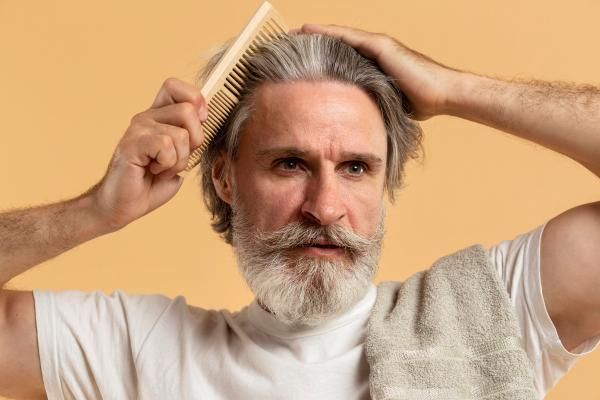 hombre blanco mayor con la melena y la barba canosa, peinando el cabello con un cepillo de madera y con dientes anchos