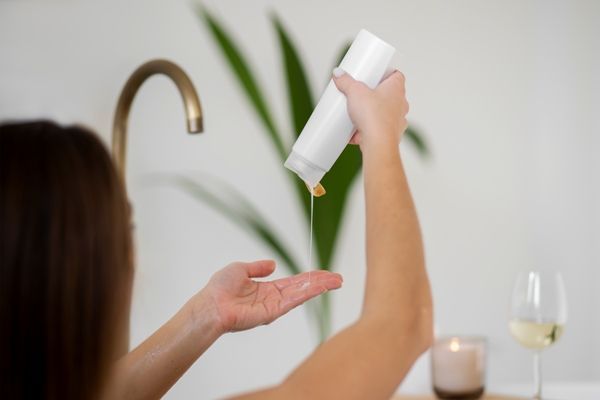 mujer en la bañera tomando un baño relajante con una copa de vino y velas aplicando el champú en la mano para lavarse el cabello