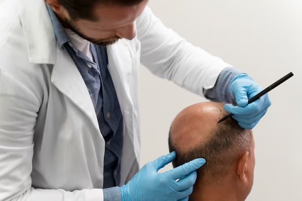 Injerto capilar sin rapar la cabeza - Médico especialista realizando el boceto del implante de cabello a un paciente masculino, para evaluar la mejor técnica de injerto capilar