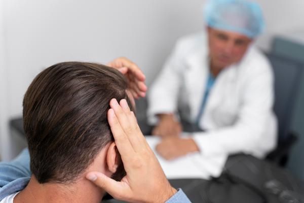 Hombre consultando con el doctor la causa de la pérdida de sensibilidad en la cabeza, luego de realizarse el implante de cabello