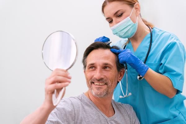 Doctora evaluando la evolución del trasplante de cabello en un paciente masculino, para asegurarse de que el procedimiento es exitoso