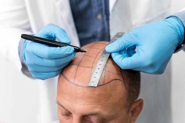 Precio del injerto capilar en la coronilla - Doctor realizando el boceto para proceder con el implante de cabello en un paciente masculino, lo cual permitirá recuperar su pelo natural en la coronilla