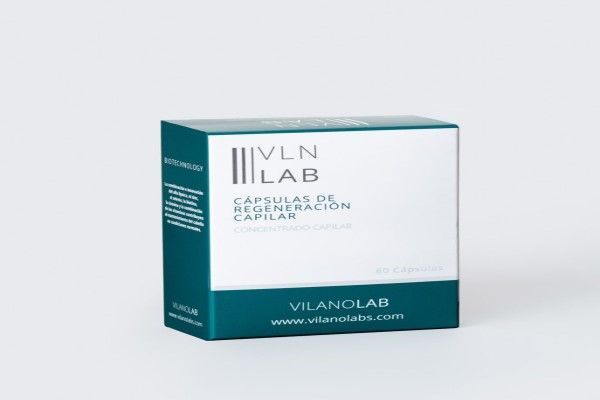 Imagen de las cápsulas Vilanolabs que ayudan a prevenir y frenar la caída del pelo, brindando fuerza a la hebra capilar