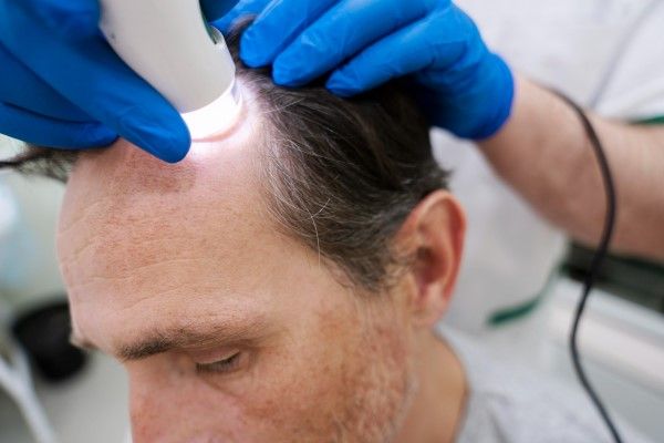 alternativas al trasplante capilar - hombre en la consulta de la especialista recibiendo un tratamiento de láser de baja potencia