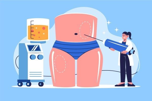 Células madres - Representación gráfica de un profesional de la medicina estética realizando la extracción de tejido adiposo de zonas como el abdomen y las piernas 