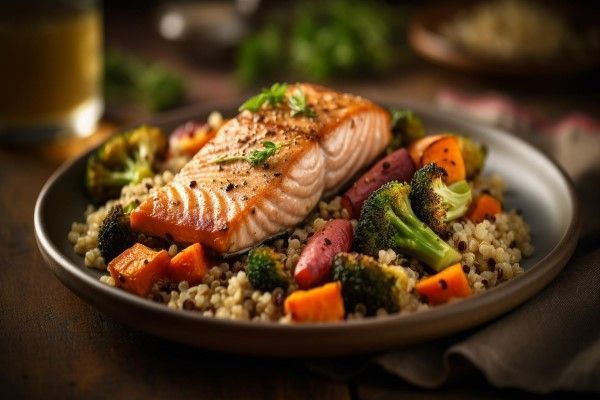 Cómo cuidar el pelo en los hombres - Porción de salmón acompañado con verduras, brócoli y quinoa como parte de un almuerzo balanceado para potenciar la salud capilar 