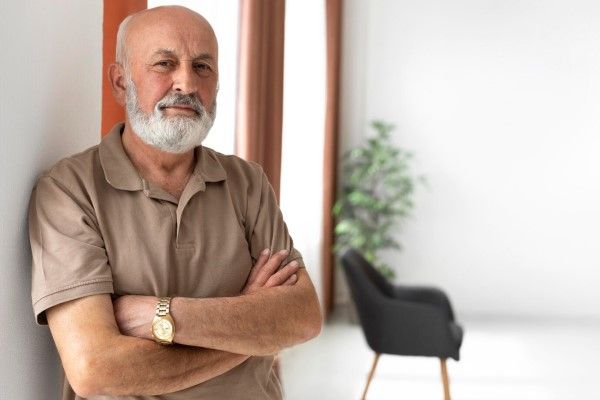 hombre mayor con problemas de alopecia apoyado en la pared de una habitación con los brazos cruzados