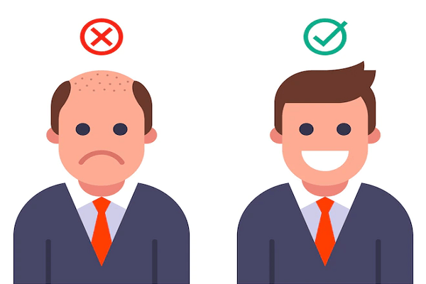 Prótesis capilares - Ilustración del antes y el después de un hombre con sin cabello y con cabello en la parte superior de la cabeza