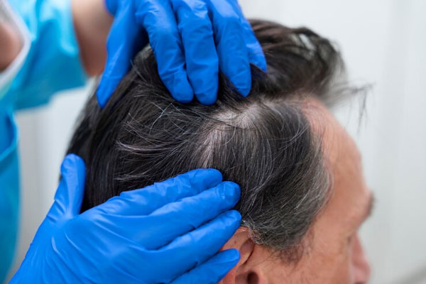 Aceite de ricino para el pelo - Tricólogo examina el cuero cabelludo de un paciente con principios de alopecia androgénica 