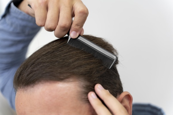 Hombre peinando su cabello de manera suave, para evitar dañar los folículos pilosos y ocasionar la pérdida capilar