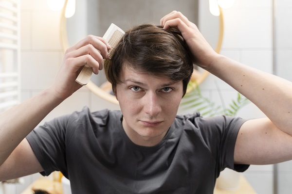 Alopecia juvenil - Hombre joven observando que pierde mucho cabello al peinarlo, siendo un síntoma de la alopecia juvenil por genética