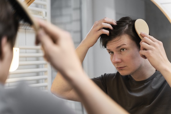 Alopecia juvenil - Hombre joven observando en el espejo que comienzan a aparecer espacios sin pelo en el cuero cabelludo, como consecuencia de la alopecia juvenil que padece