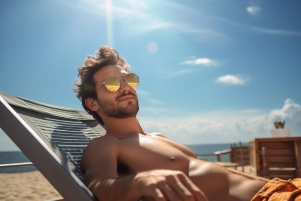 hombre tomando el sol en una tumbona en la playa
