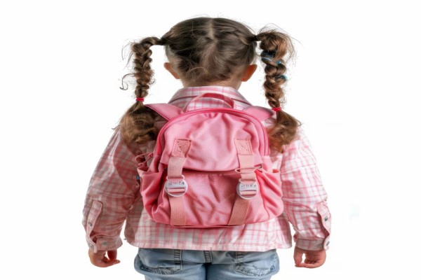 alopecia en niños - niña de espaldas con dos coletas y una mochila rosa