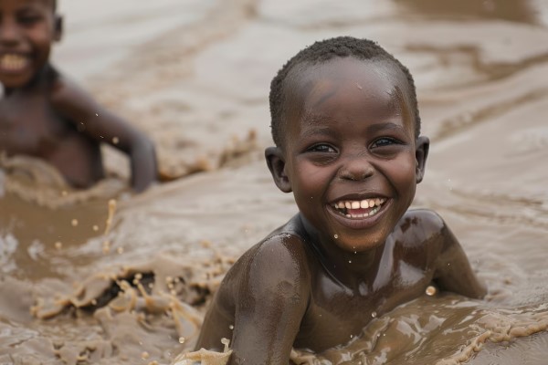 alopecia en niños - niño africano con problemas de alopecia bañándose en un rio