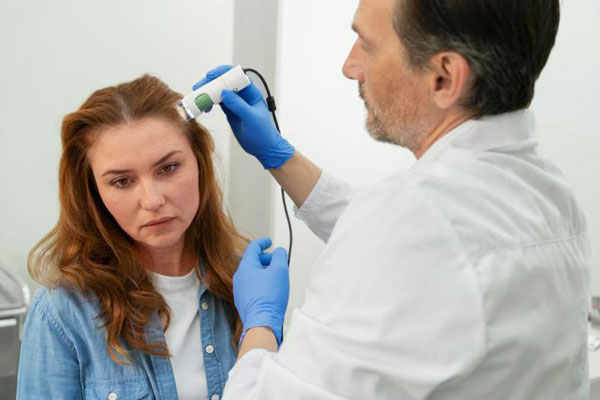 Dermatólogo en el injerto capilar - Especialista en salud capilar realiza un diagnóstico computarizado para determinar la causa de la caída del cabello en una paciente 