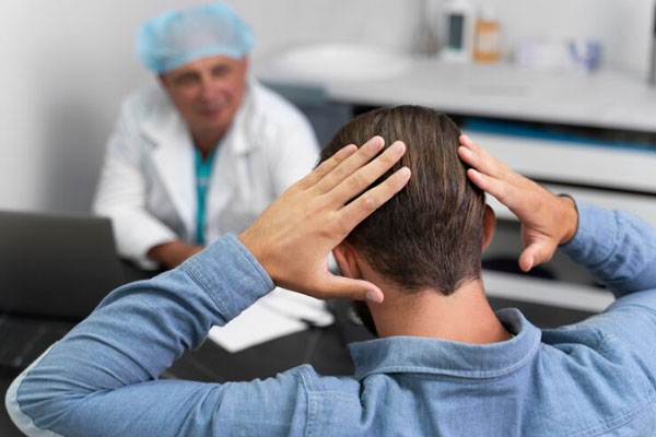 Mejor país para trasplante de pelo - Hombre con prótesis capilar acude al tricólogo en busca de un diagnóstico acertado y de una solución definitiva para la alopecia