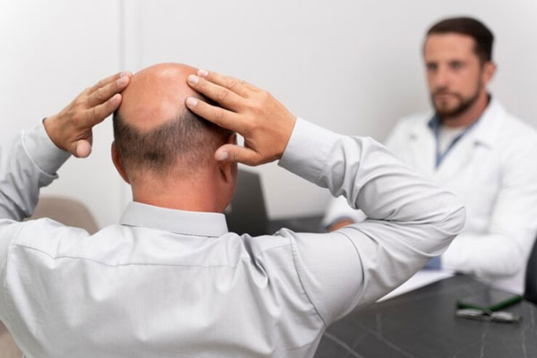 Tricólogo escucha con detenimiento las necesidades y expectativas de un hombre con alopecia en la coronilla 