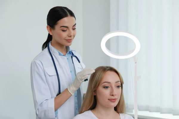 Dermatólogo en el injerto capilar - Dermatóloga examina el cuero cabelludo de una paciente con síntomas de dermatitis 