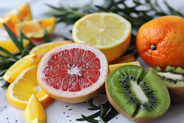 Ruedas de naranja, toronja, limones y kiwis picados a la mitad como parte de la frutas con mayor contenido de vitamina C