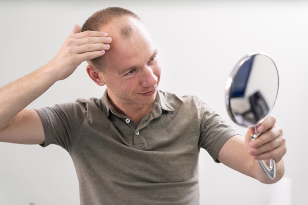 Deportes tras un injerto capilar - Hombre con alopecia observa en un espejo el avance de la pérdida de cabello y sus calvas en la cabeza