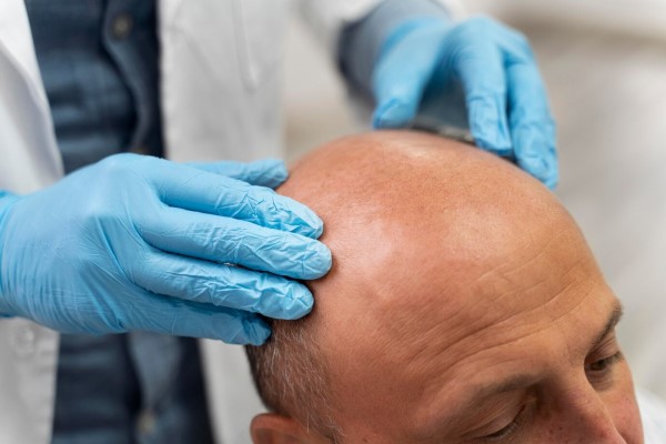 alopecia y circulación sanguínea - hombre con problemas graves de alopecia en la consulta del tricólogo haciéndose una revisión