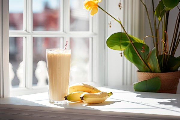  bebida proteínica de plátano sobre una mesa junto a una ventana con tres plátanos a su lado