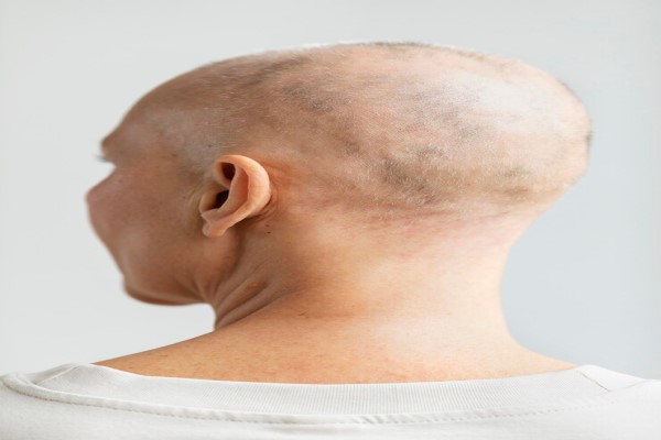 mujer de espaldas con alopecia difusa en la cabeza