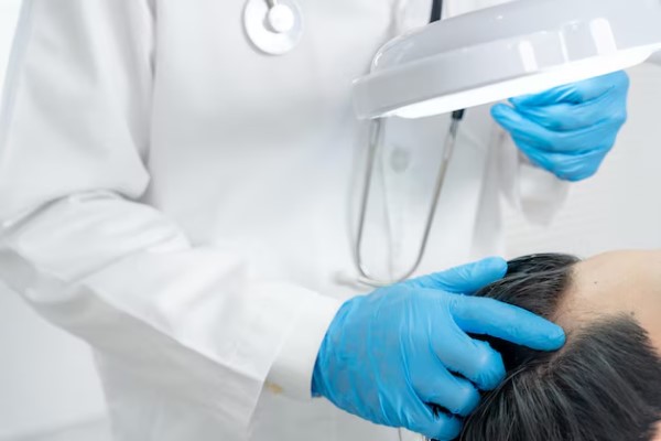 diagnosticar la alopecia - tricólogo revisando en su consulta la salud capilar de uno de sus pacientes