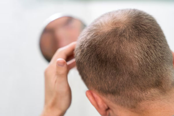 Hombre con alopecia areata usa un espejo para constatar el deterioro de su cabello 