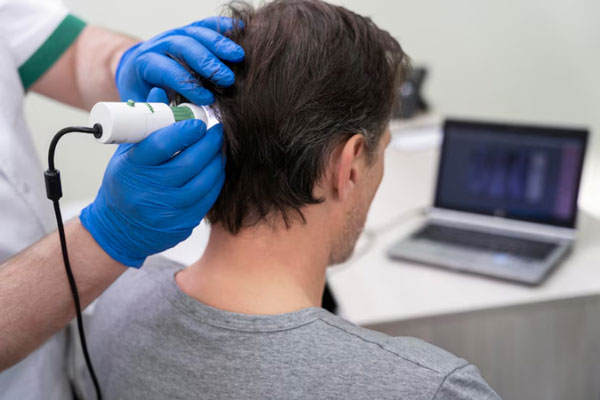 Láser capilar - Tricólogo aplica tratamiento capilar para frenar la caída del cabello en un paciente masculino 