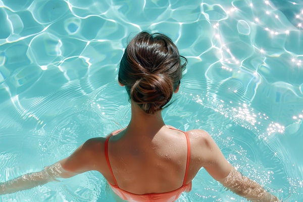 Mujer con el cabello recogido bañándose en una piscina