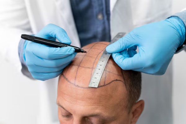 Cirujano traza línea implantación frontal para llevar a cabo un injerto capilar personalizado y exitoso 