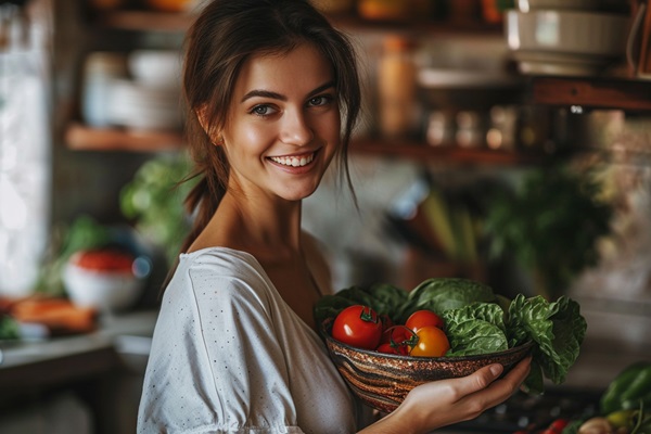 Vegetariano - Mujer joven sonriendo mientras sostiene una cesta con frutas y hortalizas