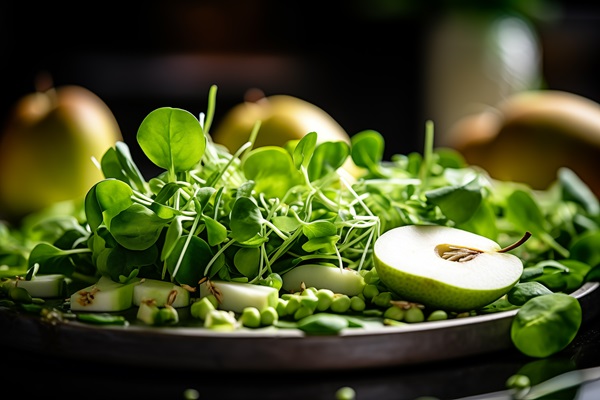 Vegetariano - Plato con alimentos naturales como espinaca, manzanas y guisantes