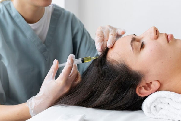 Infiltración capilar - Dermatólogo administra un cóctel de vitaminas para frenar la pérdida de cabello en una paciente con efluvio telógeno 