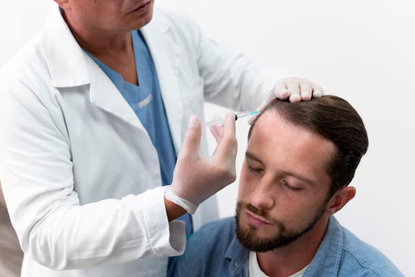 Tricólogo aplicando un tratamiento para estimular el crecimiento del pelo de un paciente luego de un injerto de cabello CDMX