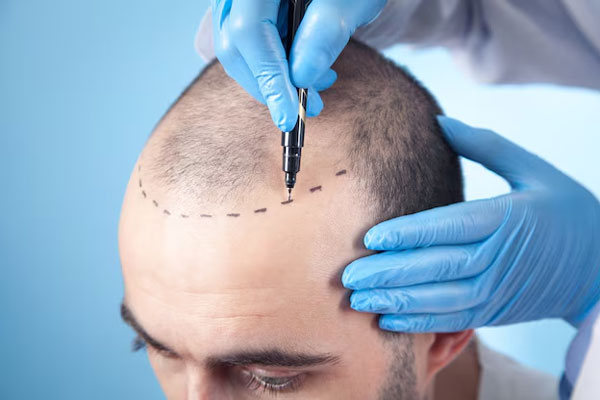 Esteroides anabólicos y alopecia - Cirujano traza línea de implantación frontal para llevar a cabo un trasplante de cabello 