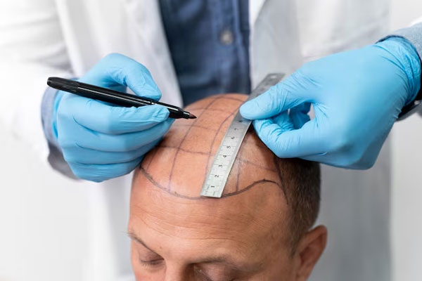 Cirujano trabaja en el diseño de un injerto capilar para mejorar la apariencia de un hombre con alopecia 