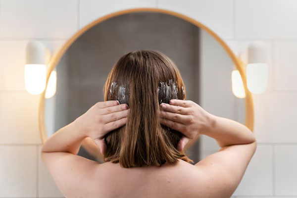 Mujer con cabello seco aplica una mascarilla natural para potenciar la hidratación de su pelo 