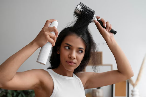 Peinados que debes evitar - Mujer emplea laca y cepillo para darle más volumen al cabello
