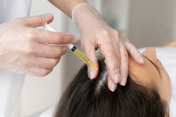 Mujer recibe tratamiento de plasma rico en plaquetas para nutrir y fortalecer el cabello 