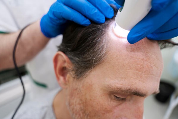 Infiltración capilar - Hombre con entradas recibe un tratamiento láser para contrarrestar la caída del cabello 