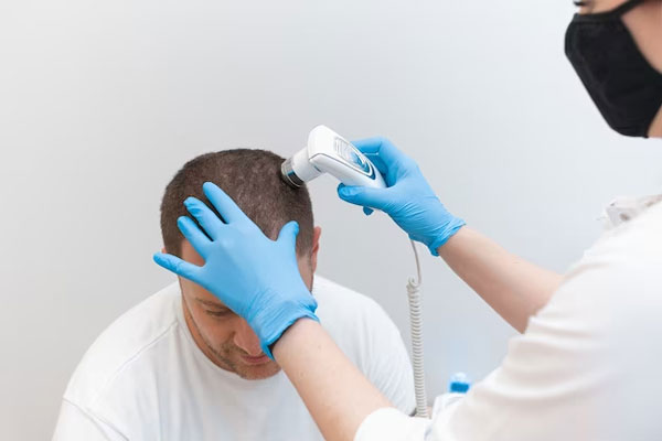 287 genes - Dermatóloga examina el cuero cabelludo de un paciente para dar con las causas de la pérdida de cabello 