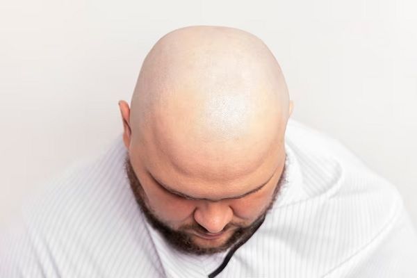 287 genes - Hombre con calvicie y sobrepeso muestra su cabeza tras afeitarse 