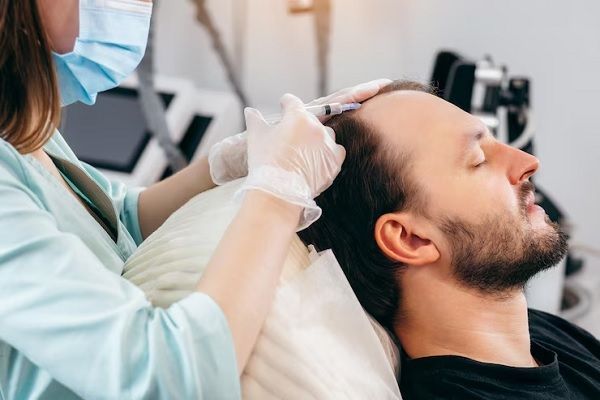 Infiltración capilar - Tricólogo administra microinyecciones con vitaminas para estimular el crecimiento de nuevo cabello 