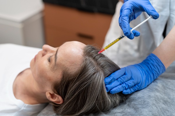 Médico especialista aplicando un tratamiento de bioestimulación capilar a una mujer con pérdida de pelo